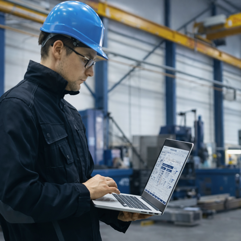 مهندس يعمل على فحص وتحليل معدات صناعية